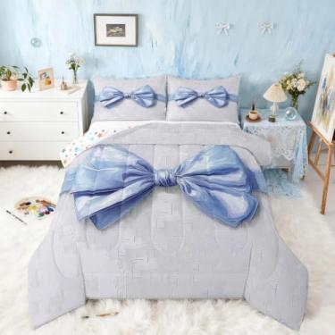Imagem de meiyoeat Conjunto de edredom fofo com laço para todas as estações, com 1 fronha, microfibra kawaii, roupa de cama solteiro, azul, para decoração de quarto, edredom respirável, macio e leve