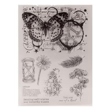 Imagem de LZBRDY Carimbos de borracha transparente para fazer cartões, scrapbooking, aniversário, Natal, decoração de fundo, carimbos de silicone (flor borboleta vintage 21,5 x 15,5 cm)