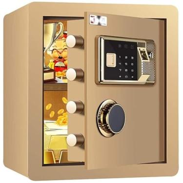 Imagem de Cofre à prova d'água à prova de fogo, cofre eletrônico biométrico digital para casa, escritório, hotel, 36 x 32 x 40 cm, aço, tela de LED, marrom (ouro)