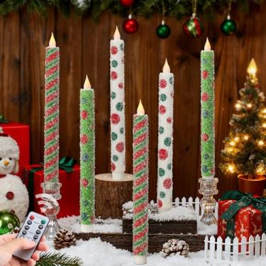 Imagem de Velas afuniladas de elfo natalino sem chamas – 6 peças com glitter, tema de elfo verde, LED cintilante, velas de sal marinho operadas por bateria com controle remoto, castiçais de decoração de festa