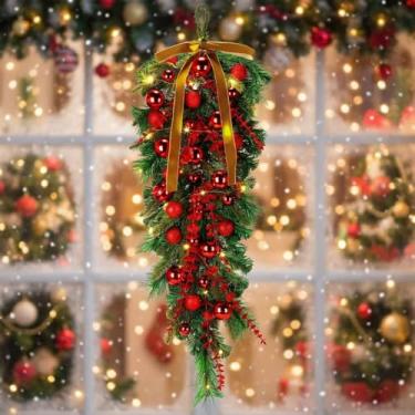 Imagem de Seenelling Gota de Natal extra longa pré-iluminada com bolas vermelhas, laços de veludo, enfeites de guirlanda de gota de cedro, decorações de Natal para mesas de portas suspensas de escadas internas