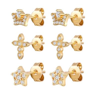 Imagem de VOLUKA Brincos femininos de zircônia cúbica – 3 pares de brincos de pressão 18K hipoalergênicos para orelhas sensíveis, imitação de diamante CZ, Latão, Zircônia cúbica