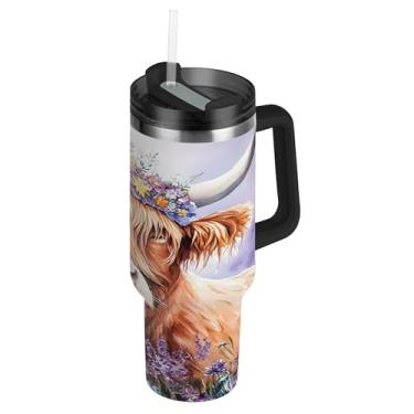 Imagem de SEHANY Copo Highland Cow 1,134 g com tampa e canudo, aço inoxidável de vácuo duplo isolado garrafa de água esportiva suporte para copo de café de viagem à prova de vazamento para bebida gelada