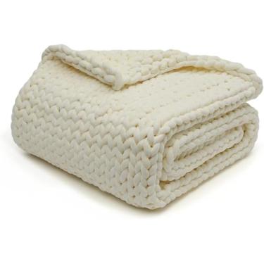 Imagem de YnM Velvet Weighted Blanket, Handmade Chunky Knitted Design, Soft and Cozy, Temperature Regulating and Breathable, Machine Washable Throw for Sleep or Home Decor (Cream, 85x103 Inch, 30lbs)