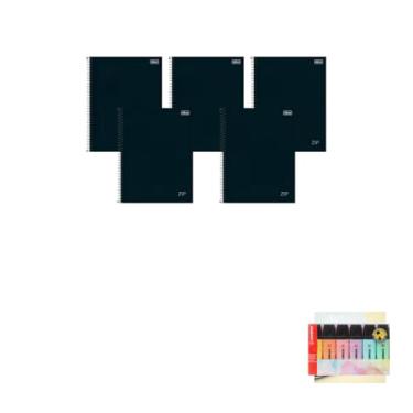 Imagem de Kit Caderno Universitário Zip Preto 80F + Caneta Esferográfica Spiro 0.7mm + Marca Texto Boss 6 Cores Pastel
