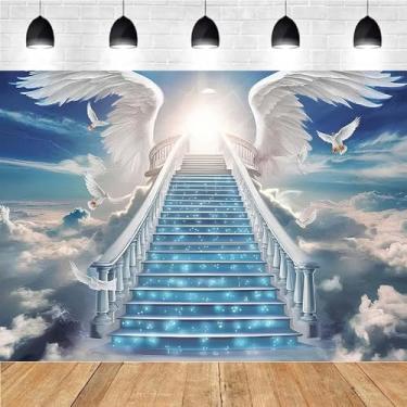 Imagem de Fundo fotográfico escada para o céu, asas de anjo, nuvens e raio de luz radiante, banners decorativos céu enviado chá de bebê batismo faixa de fundo de foto de páscoa faixas para eventos da igreja (C