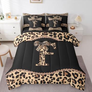 Imagem de Conjunto de edredom solteiro com estampa de leopardo com letra F | Conjunto de cama de 7 peças com laço de guepardo Coquete, moderno, moderno, moderno, em uma bolsa, conjunto de colcha de cama com