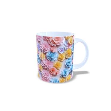 Imagem de Caneca de Cerâmica 325ml com Design de Flores 3D Coloridas, Estampa Floral Rosa, Azul e Amarelo (14116)