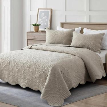 Imagem de meadow park Conjunto de colcha bordada tamanho Queen – 3 peças, colchas leves lavadas com bordas recortadas, cobertas reversíveis para todas as estações - marrom-acastanhado