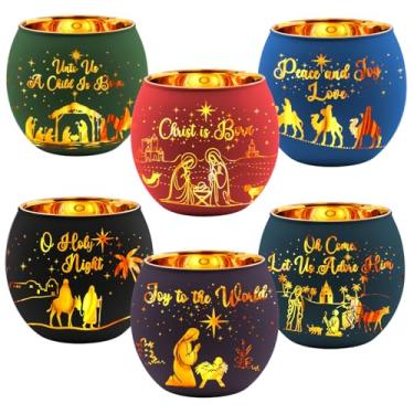 Imagem de Jingmore 6 peças de castiçais votivos de Natal para presépio de vidro, velas sem chamas com 6 padrões de gravação a laser para decoração de Natal e férias
