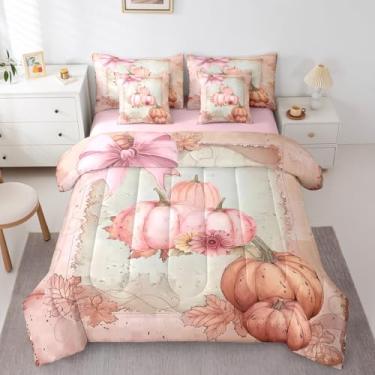 Imagem de Erosebridal Jogo de cama King de abóbora rosa laranja com 7 peças, rústico, casa de fazenda, retrô, outono, lençol com elástico, lençol de cima e colheita de outono