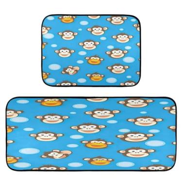 Imagem de Wassud Monkets de desenho animado tapetes de cozinha para decoração de casa tapetes de cozinha acolchoados antifadiga tapetes de cozinha antiderrapante lavável essencial de cozinha conjunto de 2
