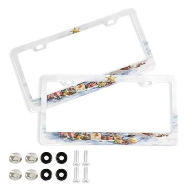 Imagem de Wassud Moldura decorativa de alumínio para placa de carro de árvore de Natal em aquarela, 2 unidades, suporte universal para placa de carro para carros padrão dos EUA