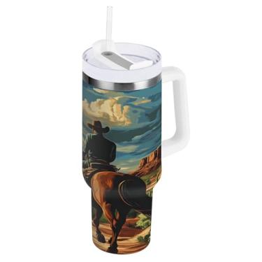 Imagem de Qilmy Copo caubói de 850 g Desert America Troops com tampa e canudo, copo térmico de aço inoxidável durável à prova de vazamento com alça, garrafas de água à prova de derramamento para Travel600