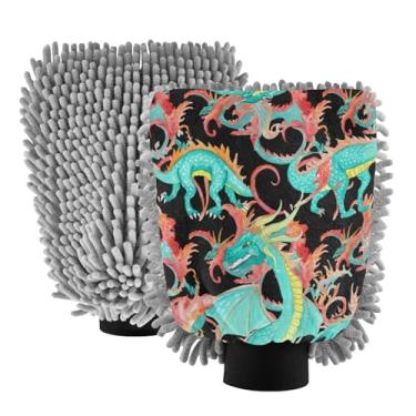 Imagem de STAYTOP Luvas coloridas de dragão para lavagem de carro, 2 peças, luvas de microfibra de chenille, sem arranhões, panos de esponja de lavagem ultra absorventes para carros, limpeza doméstica - G