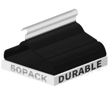 Imagem de Jiang&Rong Pacote com 50 cabides de veludo preto, ultrafino, com economia de espaço, antiderrapante, sem batidas, cabides de terno para suéteres, calças, vestidos e camisas, cabide de veludo