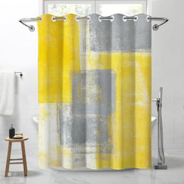 Imagem de Lnond Cortina de chuveiro amarela, cinza, moderna, abstrata, impermeável, sem gancho, para banheiro, spa, banheira, 71 L x 74 C