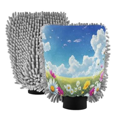Imagem de STAYTOP Luvas de lavagem de carro com padrão floral, 2 peças, luvas de microfibra de chenille, sem arranhões, panos de esponja de lavagem ultra absorventes para carros, limpeza doméstica - L