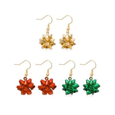 Imagem de 3 pares de brincos de laço de Natal para mulheres, conjunto de brincos de Natal vermelhos e verdes festivos para presente de Natal, Medium, Zinco, Sem pedra preciosa