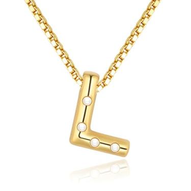 Imagem de BLUEELM Colar feminino com letras de bolha, colares delicados com inicial banhada a ouro 14 K, pingente de bolha, com inicial de bolha, nome de ouro, grosso, nome de balão, colar moderno de ouro, joia