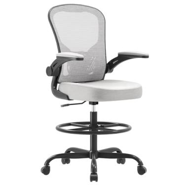 Imagem de Cadeira de desenho ergonômica, cadeira de escritório alta com apoios de braço flip-up, cadeira de mesa alta de malha respirável com suporte lombar anel de apoio para os pés ajustável para mesa em pé