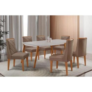 Imagem de Sala Jantar Mesa Havana Tampo c/ Vidro Curvo 180cm+6 Cadeiras Pietá Madeira Naturale/Off White - Capuccino/Suede Capuccino - Rufato