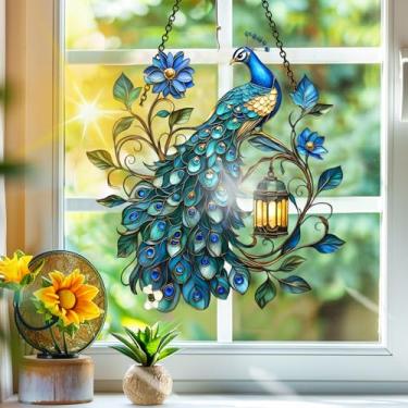 Imagem de Apanhador solar de acrílico colorido, decoração de janela suspensa de pavão, arte de parede de arco-íris, para varanda, interior e exterior, jardim, enfeites de Natal, decoração 19 x 19 cm CH#69