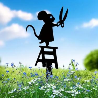 Imagem de Estatuetas de jardim de metal, silhueta decorativa mouse com tesoura, design de escultura, ornamento de gramado cercado