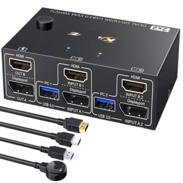 Imagem de Interruptor USB 3.0 Dual Monitor KVM HDMI + Displayport 4K @60Hz, 2K @120Hz KVM Switch para 2 computadores compartilham 2 monitores e 4 dispositivos USB 3.0