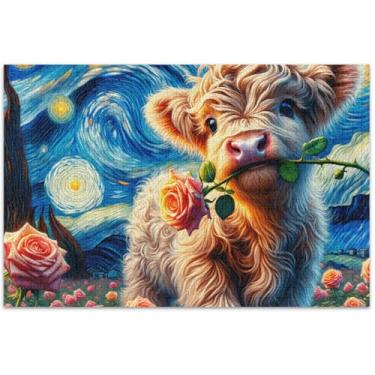 Imagem de Noite estrelada highland vaca rosa flor quebra-cabeça 500 peças animal adulto arte colorida paisagem quebra-cabeças presentes para jogo de elefante branco, 51 x 35 centímetros