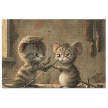 Imagem de Quebra-cabeça de 1000 peças engraçadas para adultos com corte de cabelo de rato de gato, presentes de jogo de quebra-cabeça rígido, decoração artística