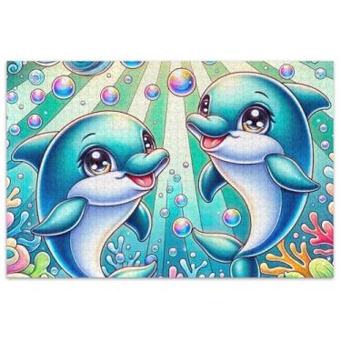 Imagem de Quebra-cabeça de 1000 peças com golfinhos de desenho fofo para adultos, arte floral, pintura, arte, quebra-cabeça engraçado