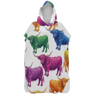 Imagem de Joisal Roupão para adultos poncho de surfe com capuz toalha de natação bonito plus size vaca highland arco-íris ponchos adultos para mulheres