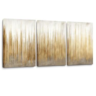 Imagem de Arte de parede abstrata moderna em tela de 3 peças - Impressão de pintura tríptico dourada e bege, arte minimalista de linhas verticais para sala de estar, quarto, decoração de escritório, estética