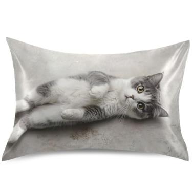 Imagem de Capas de almofada de cetim com estampa relaxante de gato fofo para resfriamento de cabelo, capas de travesseiro padrão King Queen, estampa floral, tamanho Queen, 76 cm x 50 cm