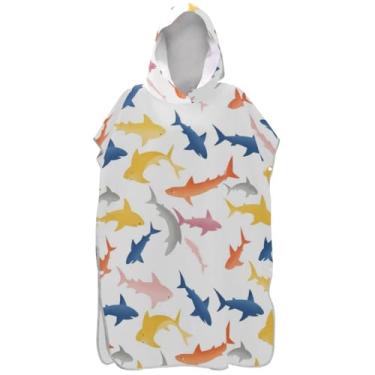 Imagem de Joisal Poncho de surf para adultos trocador de roupa de praia com capuz toalha de banho plus size masculino poncho com capuz tubarões coloridos branco