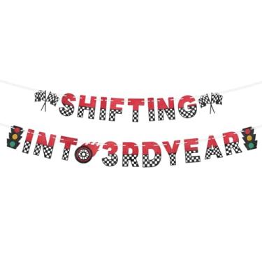 Imagem de Faixa de Aniversário Shifting Into 3rd Year, Faixa Quadriculada Tema Corrida Carros e Glitter Pré-Montada para Meninos Meninas 3 Anos Lembrancinhas e Decorações Festa Temática