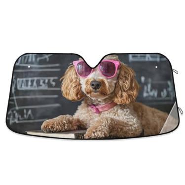 Imagem de Óculos poodle engraçados personalizados livros guarda-sol de carro para para-brisa universal dobrável caminhão carro janela persianas para-brisa frontal M, 139.7 cm x 70.1 cm