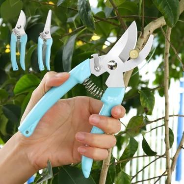 Imagem de Conjunto de 2 tesouras de poda, lâminas de aço inoxidável, alças confortáveis, trava de segurança para paisagismo, poda de flores, jardim, azul