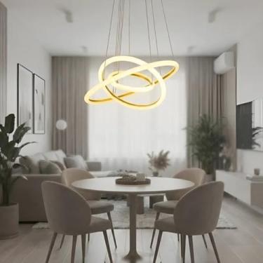 Imagem de Lustre Pendente Dourado 3 Anéis 40cm Controle Remoto Led 3 Cores