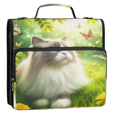 Imagem de Organizador de fichário com zíper fofo com estampa de gato Ragdoll 3 cm, 3 anéis, bolsa básica para fichários escolares resistentes com alça de ombro, vários bolsos, pasta grande para portfólio