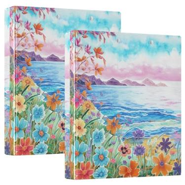 Imagem de Fichários personalizados com três anéis de flores em aquarela com 3 cm para guardar 200 folhas, anel redondo, 31,5 x 27 x 6 cm, pacote com 2