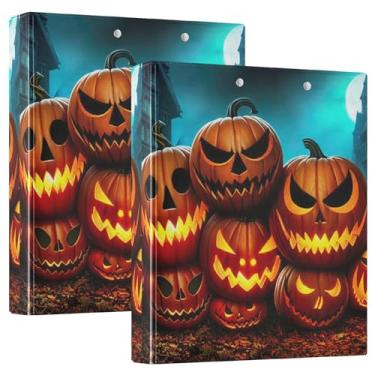 Imagem de Fichários de três anéis personalizados com rostos de abóbora, noite de Halloween, 3,5 polegadas, 200 folhas, anel redondo fofo, fichário de escritório, 31,5 x 27 x 6 cm, pacote com 2