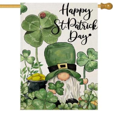 Imagem de EKOREST Bandeiras de casa Happy St Patricks Day para decoração ao ar livre, gnomo irlandês com trevos da sorte grande bandeira de quintal, decoração decorativa sazonal para celebração de aniversário