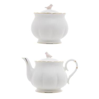 Imagem de Kit Bule Chá/Café + Açucareiro Birds de Porcelana Branco, Dourado e Ro