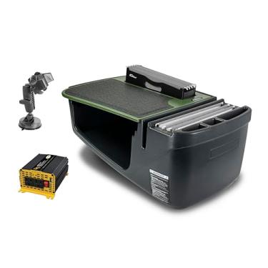 Imagem de AutoExec Mesa de carro Efficiency FileMaster para sua estação de trabalho de veículos e escritório móvel, verde militar, com inversor de potência de 400 watts e suporte de telefone com sucção