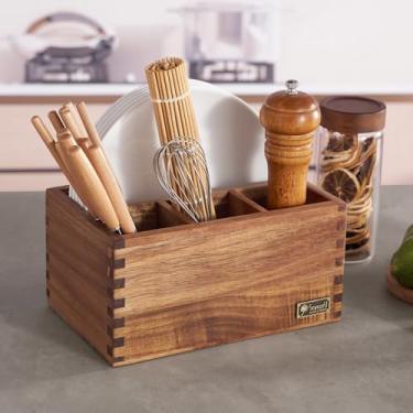 Imagem de Suporte de utensílios de madeira de acácia, organizador de pratos de papel para bancada - 4 compartimentos para talheres para festa de ação de amigos - Suporte de talheres para copo, garfo, colher