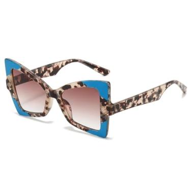 Imagem de HCHES Óculos de Sol Femininos Retro com Estampa de Leopardo Degradê e Armação Contrastante, Estilo Punk, Proteção UV400 (Leopardo Azul Chá)