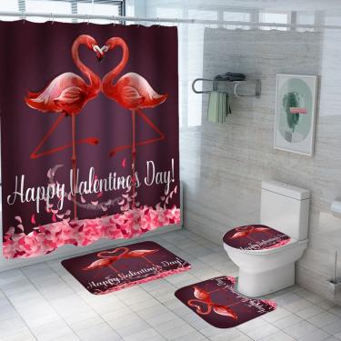 Imagem de Conjunto de cortinas de chuveiro Flamingo de Dia dos Namorados com tapete de banho