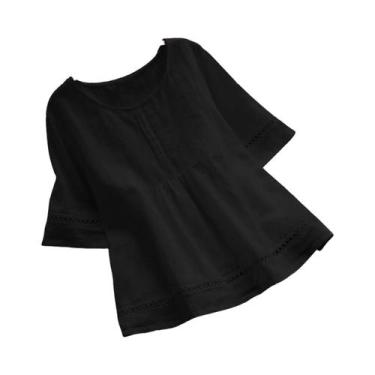 Imagem de Camisa Elegante Feminina De Algodão E Linho, Cor Sólida, Casual, Decot